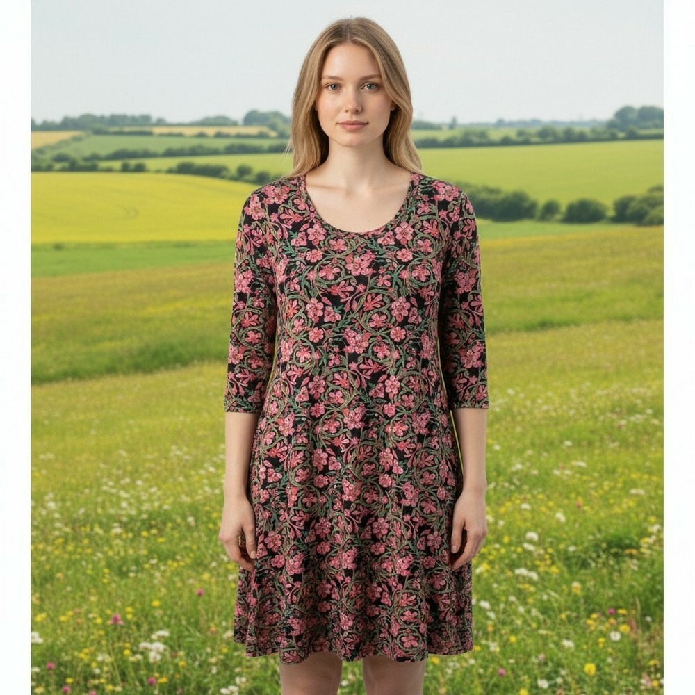Peruvian Connection Starflower Botanical Floral Dress Black Pink Green Size M